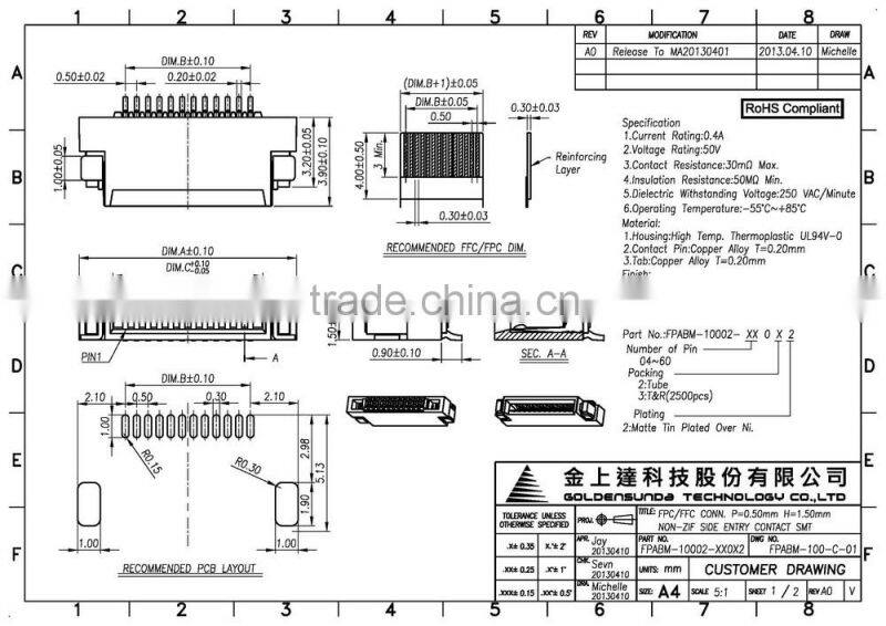 0.5 mm pitch FPC FFC Connector, Non-ZIF SMT