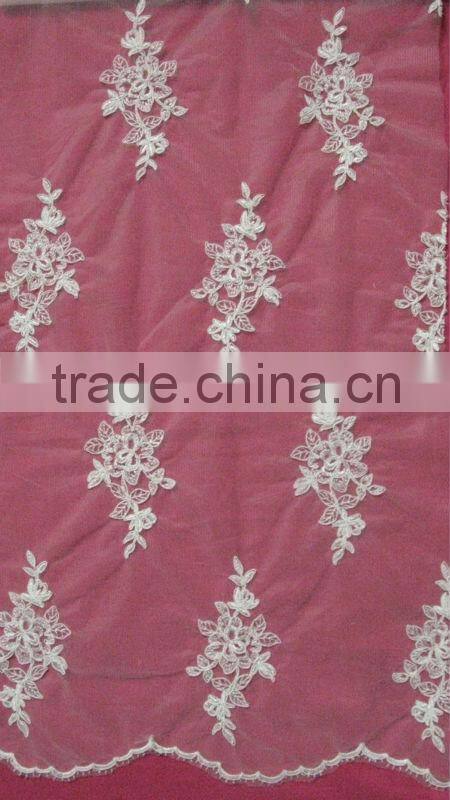 High Scalloped Edge One Side Narrow Trim on Top Side Corded Embroidery Lace Fabric
