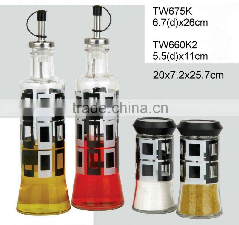 Glass oil vinegar salt pepper set with printing (TW675K8,TW660K8)