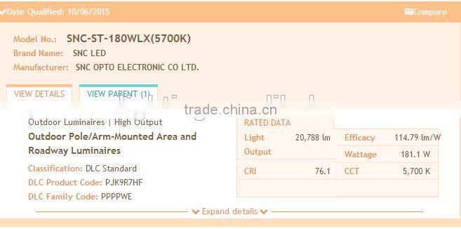 Hot selling UL cUL DLC list 180w black or silver cover IP65 led street light for roadway lighting