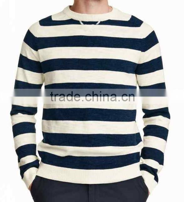 Men's round neck saddle shoulder long sleeve pullover striped color knitted sweater with flat lock
