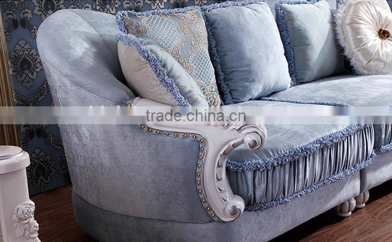 Warm blue color flower painting fabric corner sofa set