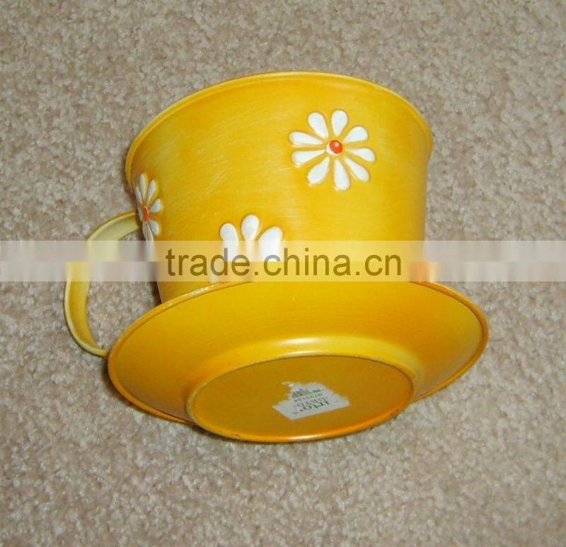 customizedl mug ,Yellow Metal Cup and Saucer Pot Container Planter