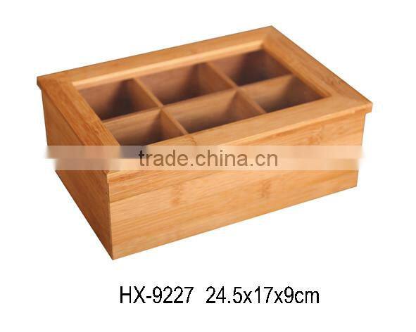 New Glass Lid Bamboo Personalized Tea Box With 6 Compartment For Sale