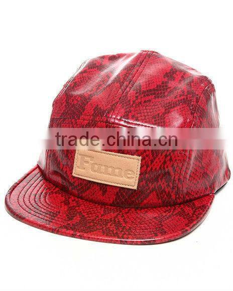 Red fashion snakeskin custom flat brim 5 panel leather hat