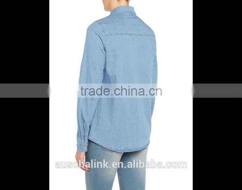 2016 new arrival ladies long sleeve blue denim shirt OEM service