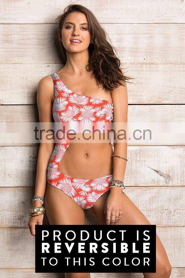ladies palm print and side cut out one-piece swimwear