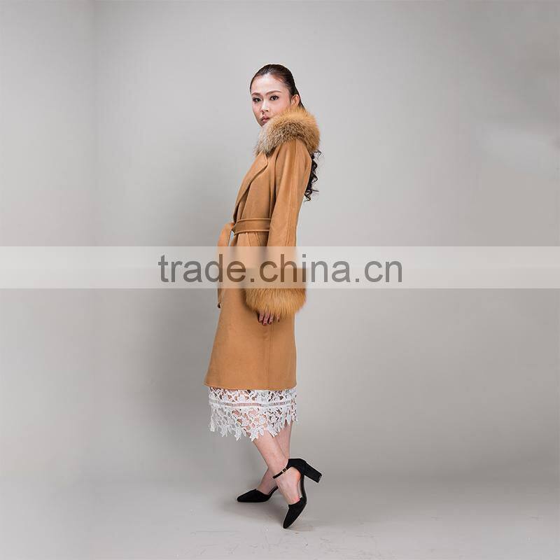 Myfur Factory Wholesale Wool Coat with Detachable Red Fox Fur Collar and Fox Fur cuff Wool Fur Jacket