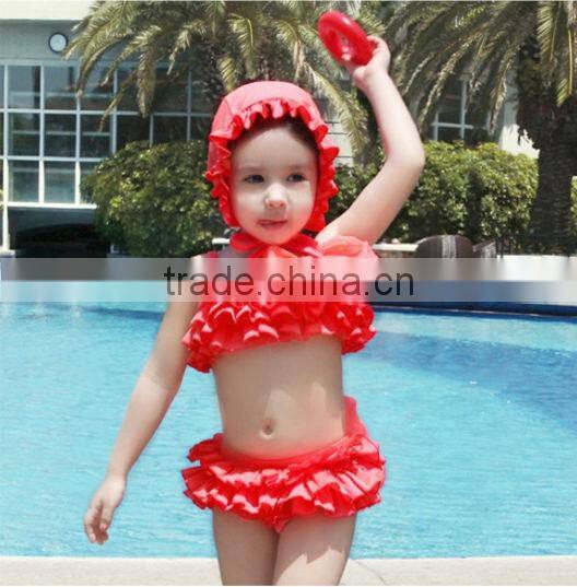 2016 In-stock Lovely Wholesale Boutique Summer Baby Girl Swimsuit Red Polka Dot Print Bikini Ruffles Swimwear With Cap