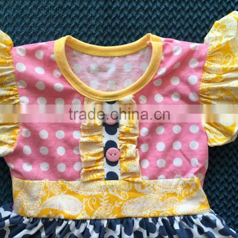XF-124 New arrival girls easter dress pocket design flutter sleeve girls dress quatrefoil polka dot print baby girls dress