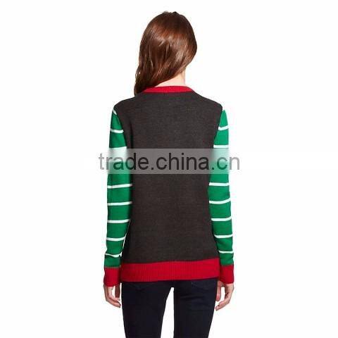 Jacquard Pattern Stripe Sleeve Cotton Knitwear Women Christmas Jumper Sweater