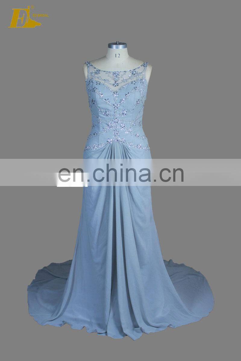 Real Sample Sleeveless See Through Back Beaded Chiffon Evening Dress Women With Train