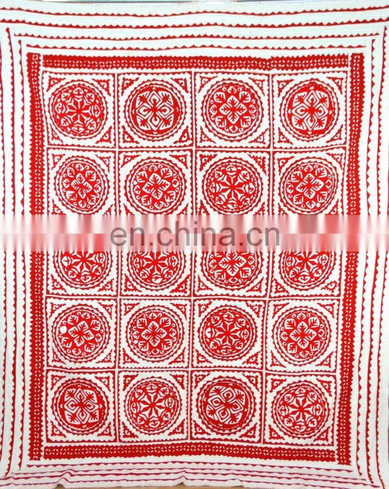 Red Applique Kantha Quilt Patchwork Bedspread Cotton Handmade Throw Ralli Cut Work Kantha Blanket