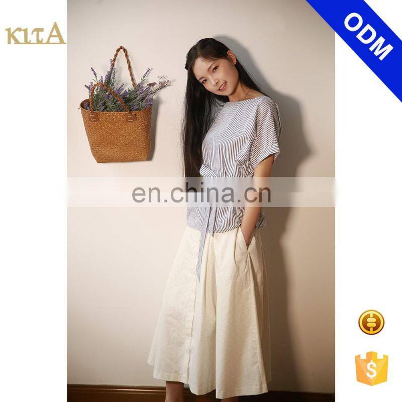 Blue Stripes O-Neck 100% Cotton Elegant Lady's Shirt With Belt