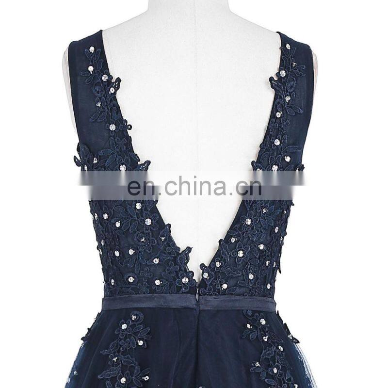 Grace Karin Elegant Deep V-Back Soft Tulle Netting Sleeveless Long Navy Blue Evening Dress 8 Size US 2~16 GK000130-1