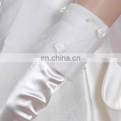 Ivory Satin Full Finger Bridal Glove With Organza Cuff Satin Rose Appliqued And Pear Beaded Hand Made Midi-length Wedding Glove