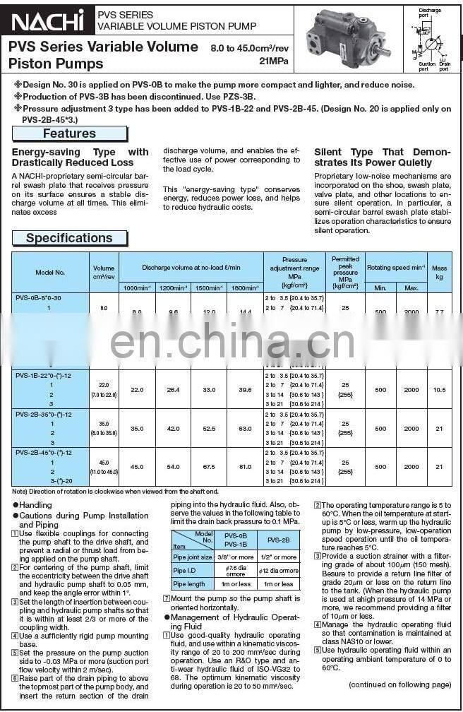 Nachi hydraulic variable piston pump PVS series PVS-0B,PVS-0A,PVS-1B,PVS-1A,PVS-2B,PVS-2A