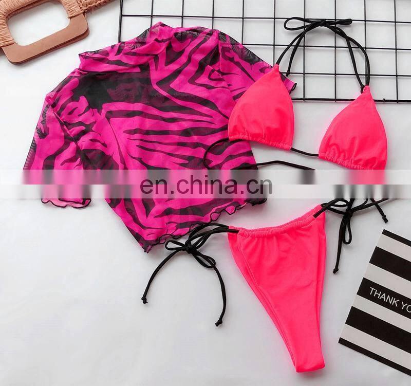 Women Brazilian 3pcs-set Sexy Print Micro Bottom String Beach Bikini Lady Half Sleeve Swimwear Mujer High Waist Padded Swimsuit