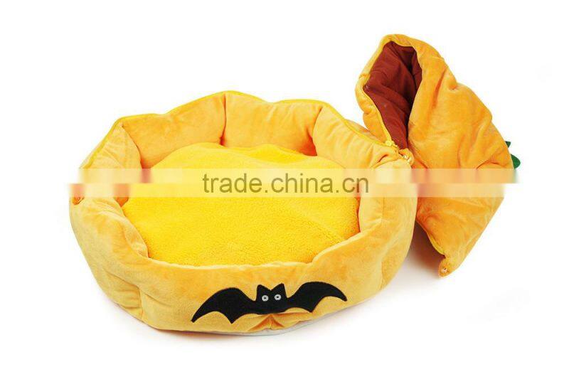 2015 hot sale Custom yellow plush Halloween pumpkin pet bed for dog and cat