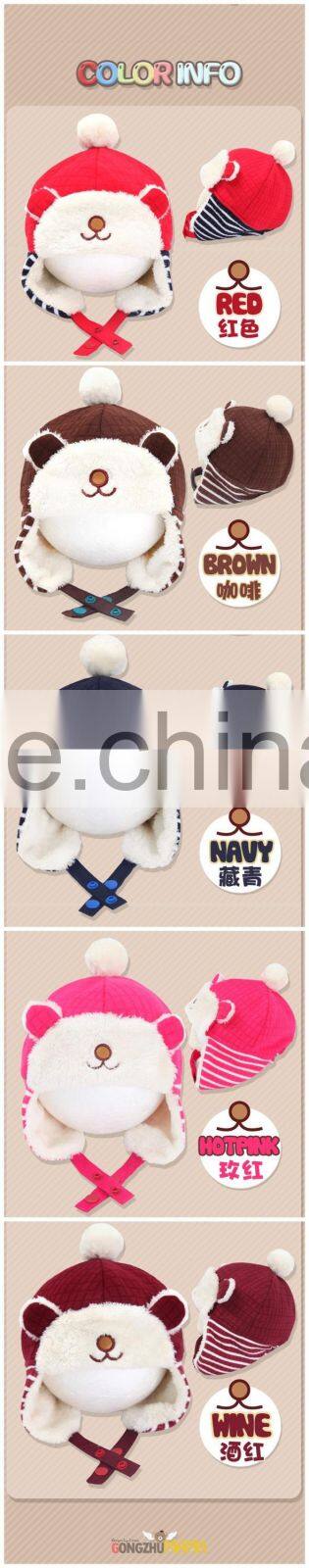 Autumn Winter Newest Checked Striped Bear Style Baby Kids Pom Poms Earflap Winter Wool Hat