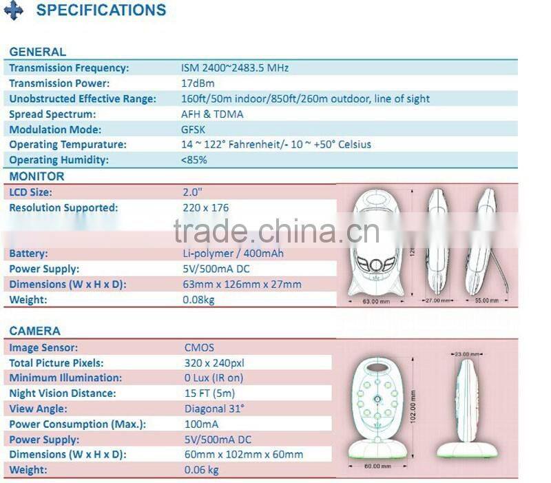 New 2.0inch baby camera monitor IR Night vision 2 way Talk Multi-language 8 Lullabies Temperature monitor VOX system baby phone