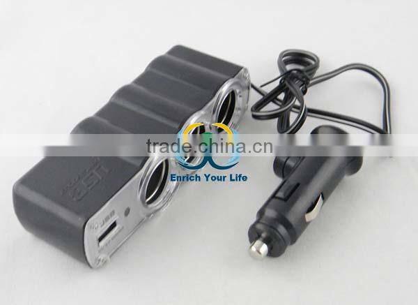 New PL12V3US Plug In Car 1 TO 3 Cigarette Lighter Multiplier With USB Charger