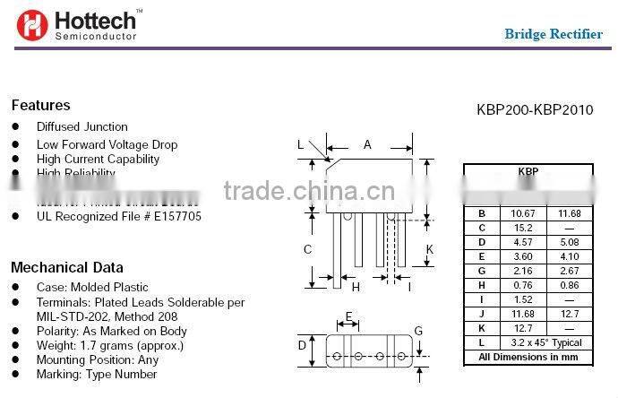 Hottech Bridge rectifier KBP206