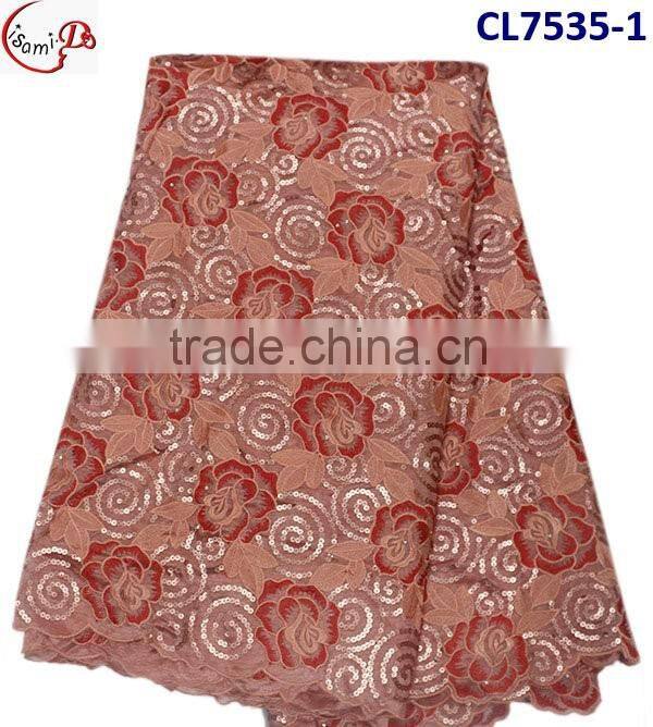 CL7535 peach and fushia net lace Organza lace with sequins africa fashion organza lace fabric