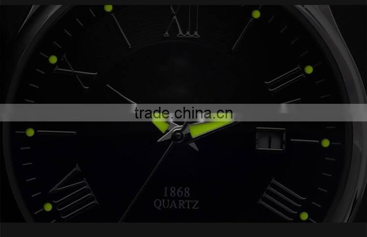 High class bule dial alloy case genuine leather band with night view men fashion watches