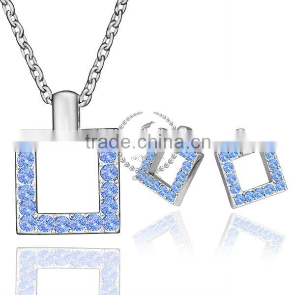 18KRG platinum plated rhinestone crystal blue square pendant charm DIY supplies earrings and necklace jewelry set PS187