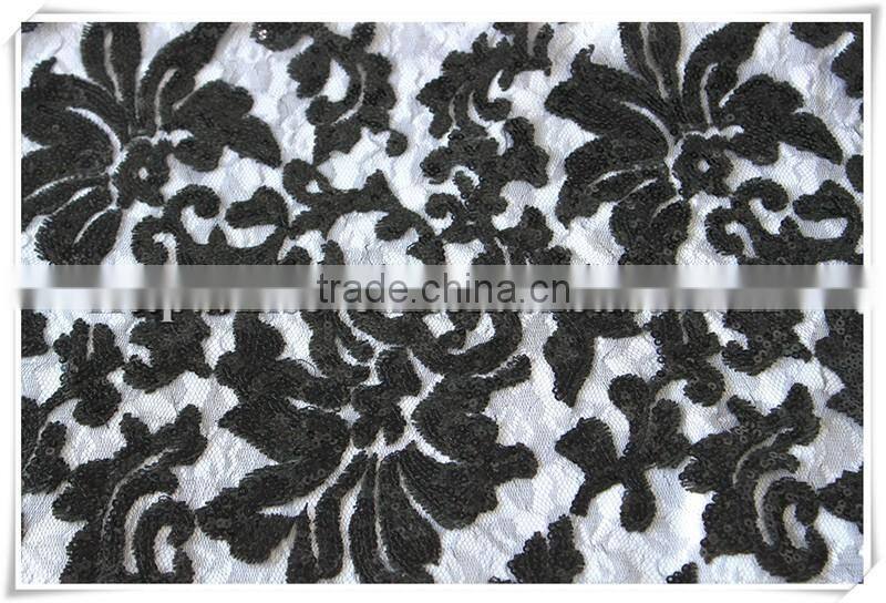 New design round eye net fabric with embroidery sequin, black sequin flower tulle fabric for wedding dress