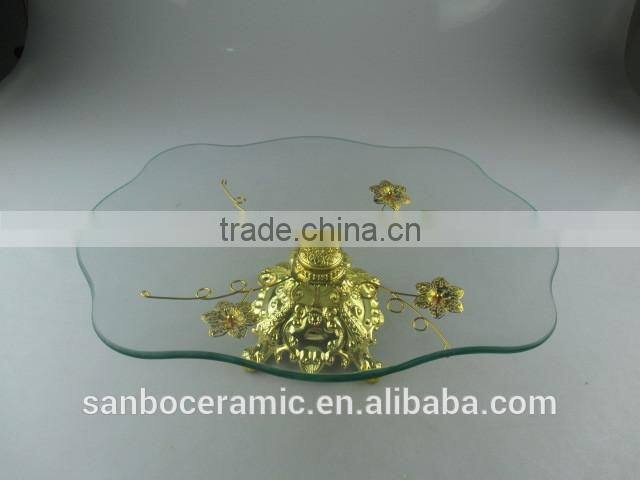 Hanging crystals cake stand, rectangle golden glass cake plate with footed and handle