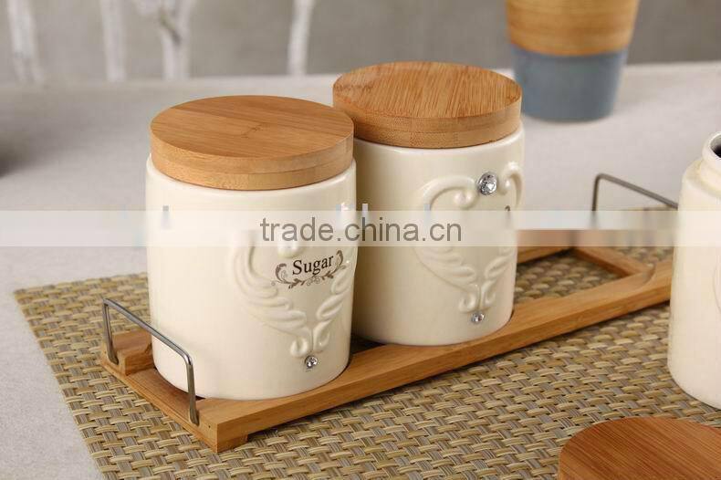 ceramic porcelain canister set,ceramic tea sugar coffee jar, ceramic canister,airtight canister with bamboo lid