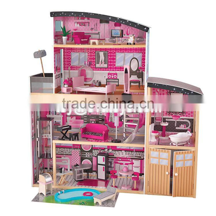 New design luxurious and attractive 34 furniture pieces girls wooden doll house toys W06A217