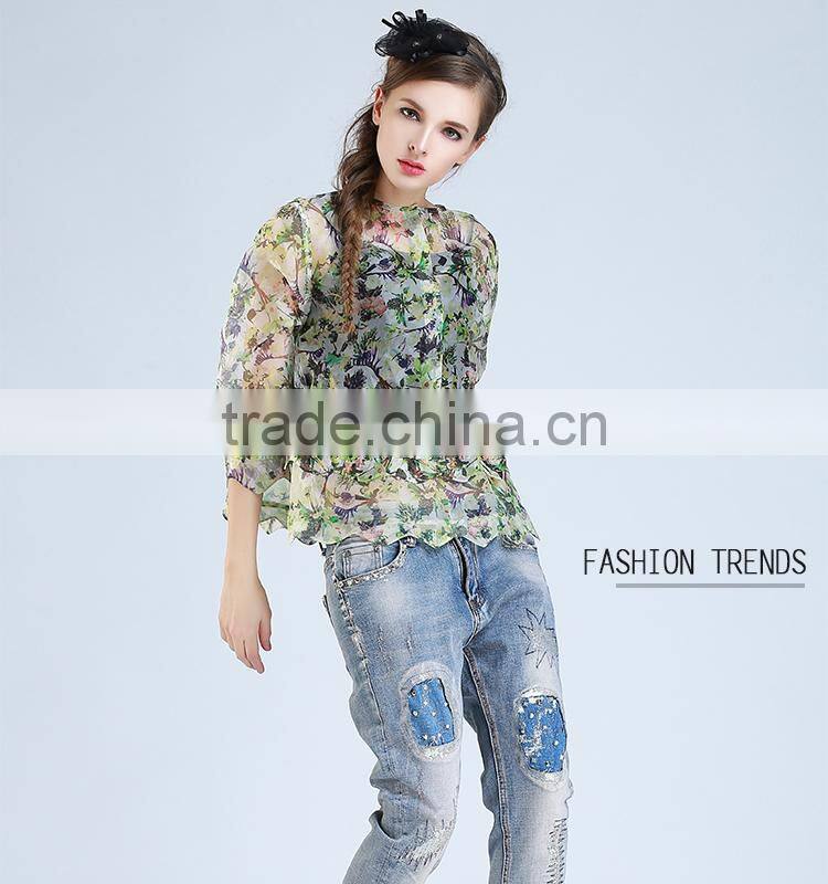 2015 HOYUGO summer organza printed sexy blouses