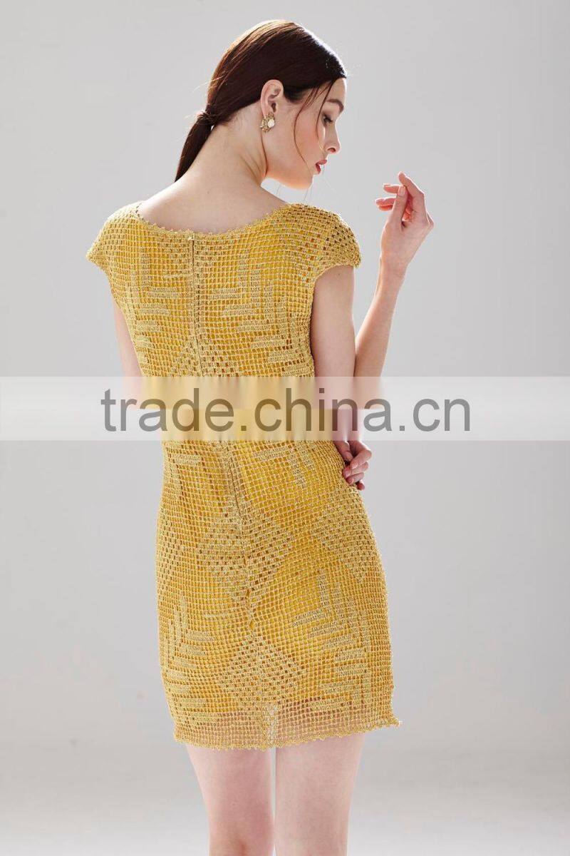 Grid pattern design shinny gold metallic effect ladies formal slim lace fashion dress SR-D9791