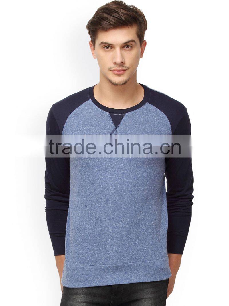 Men Blue Solid Round Neck Gym T-Shirt Waist Length Tee Long Raglan Sleeves Male Cotton Sport Tee Solid Custom Color