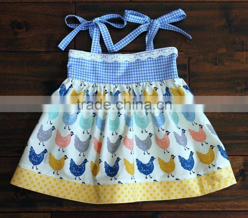 Wholesale Kids Boutique Dress Girls Grid Cotton Lace Dress Children Cute Hen Chicken Dress
