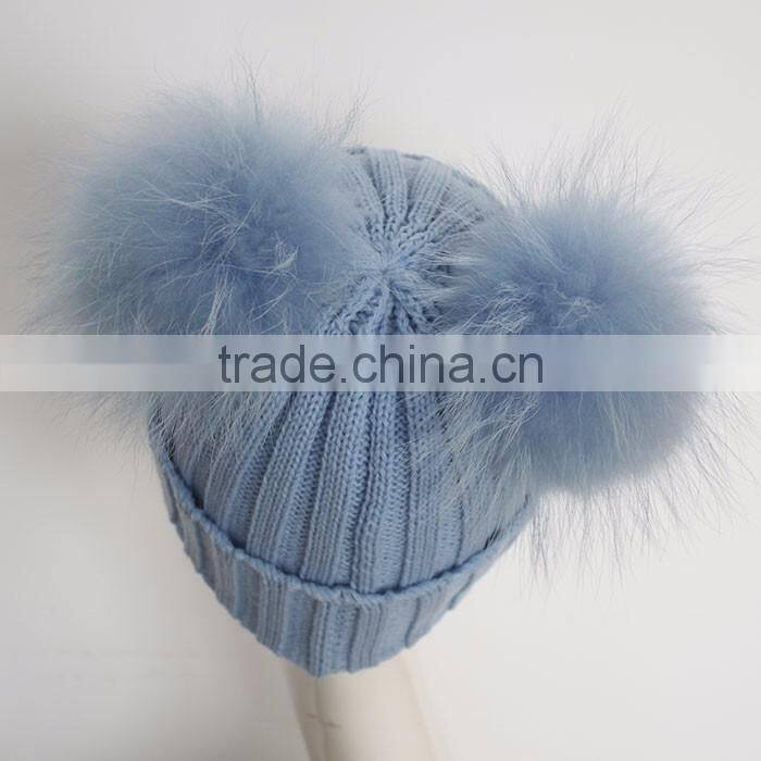 Myfur Red Raccoon Fur Pom Poms Wool Knitting Hat with Genuine Raccoon Fur Balls