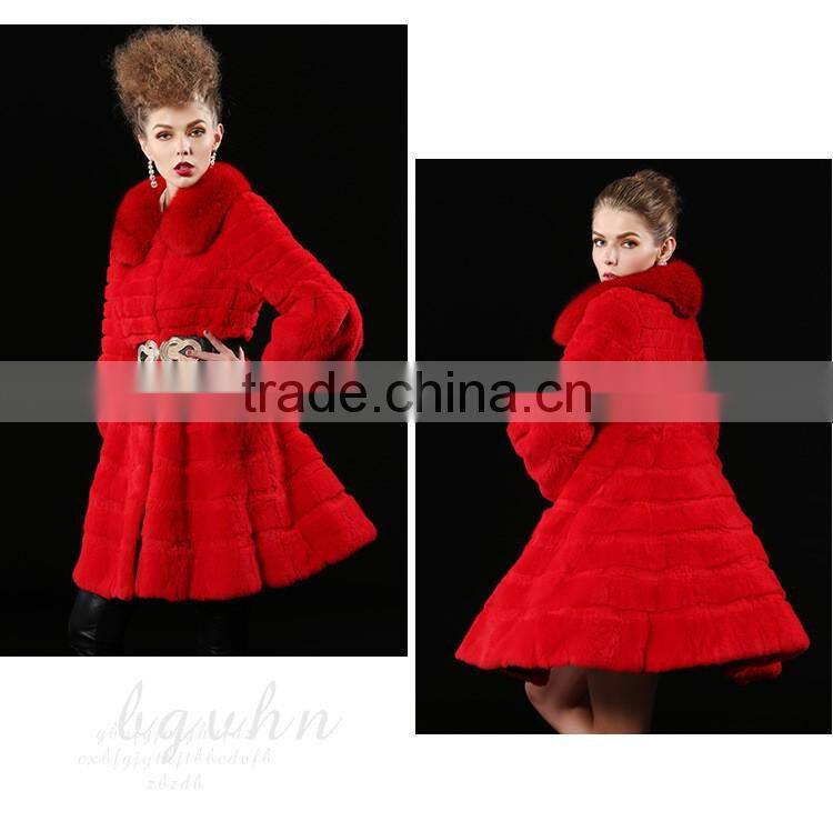 2017 real animal fur woman overcoat knit Rex rabbit fur with fox fur collar