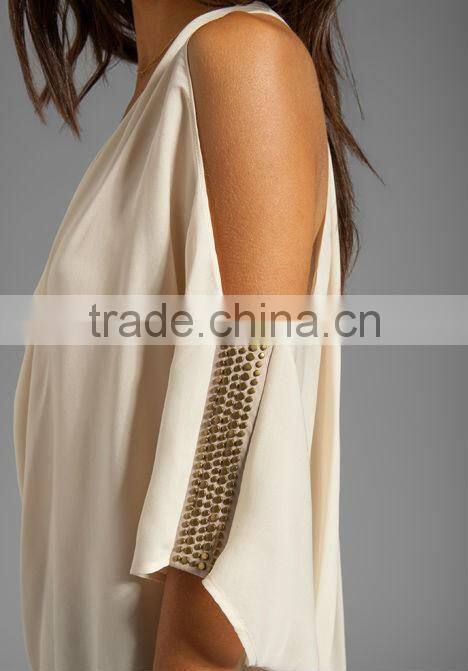 Studded Suede Sleeve Cowl Blouse