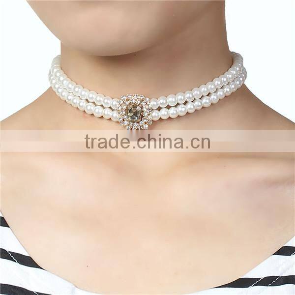 New Fashion Choker Necklace Gold Plated White Acrylic Pearl Imitation Rectangle Connector Clear Rhinestone 34cm long