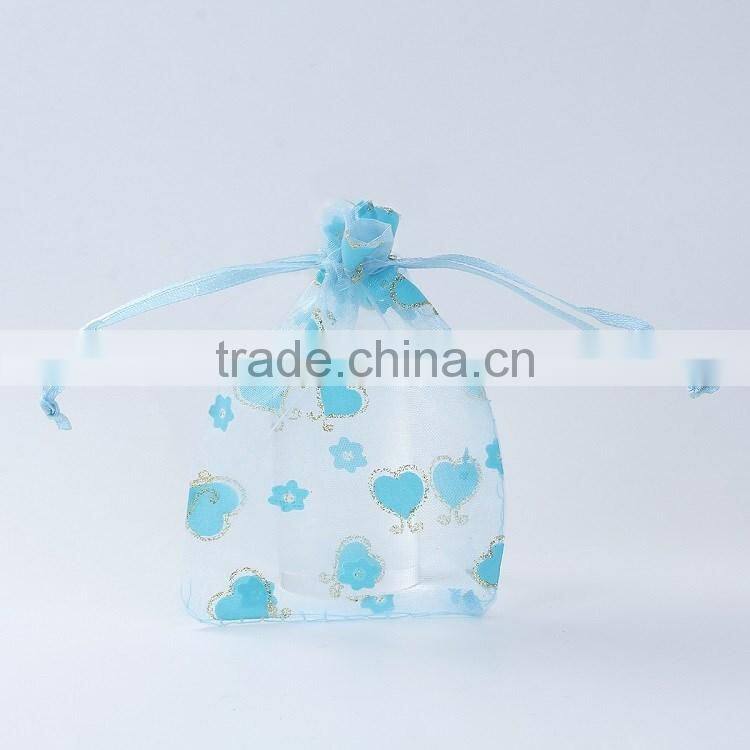 Drawstring Rectangle Blue Heart Pattern Organza Jewelry Bags