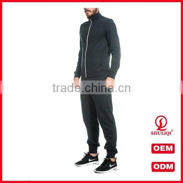 guangzhou shuliqi hot selling mens sport fitted tracksuit 100 cotton plain tracksuits in black