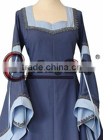 Custom Made Light Blue Medieval And Renaissance Dress With Trumpet Sleeves For Gothic And Fantasy Parties
