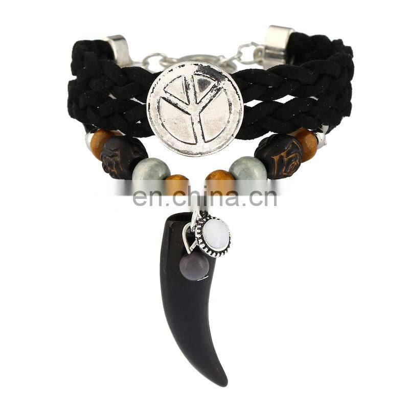 Fasion Caribbean Bead Horn Ethnic Hand-weaved Leather Charm Bracelet