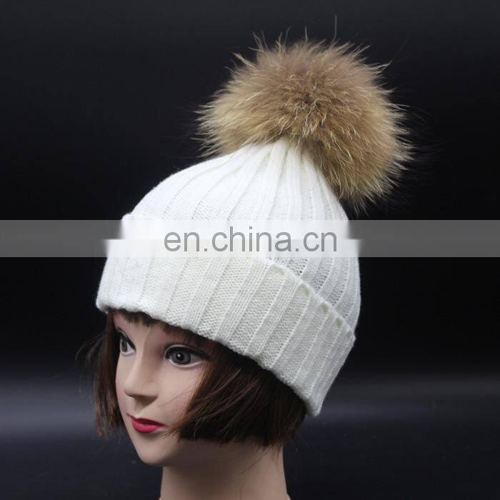 Hot Sell Cute Winter Hats Natural Raccoon Fur Pompom Beanie Cap with Ball Top Knitted Crochet Kid Hat