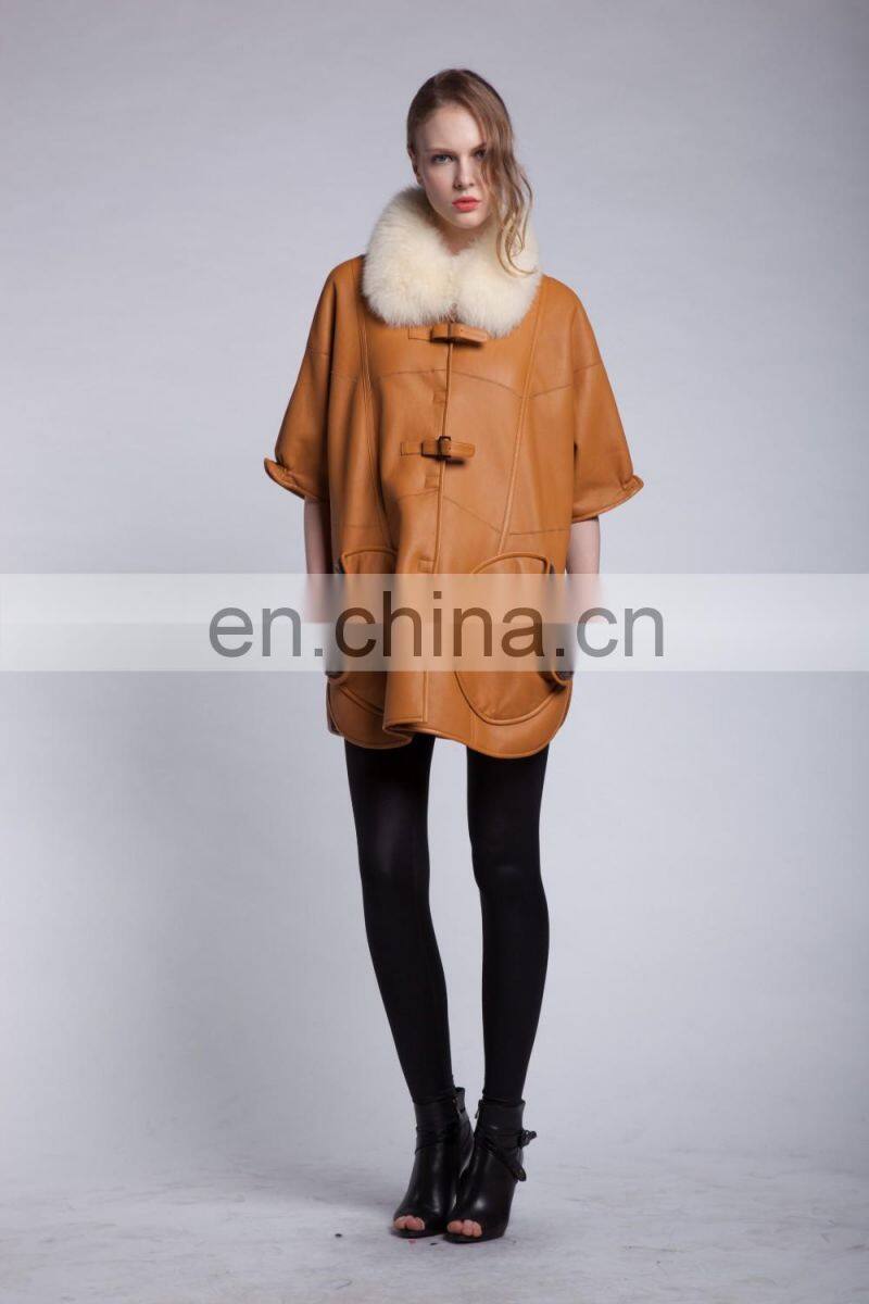 Winter Fur And Leather Overcoat Fox Fur Collar Sheepskin Fur Coat Cream Collar Lamb Fur Jacket