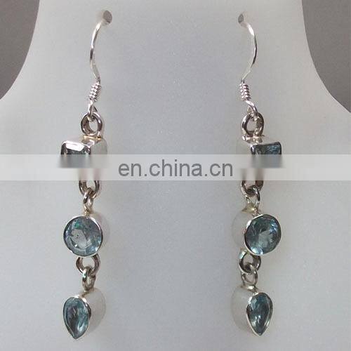 Blue Topaz Silver Earrings Long Silver Earring & Three Stone Silver Jewellery,Fashions Earring, Semi prices Stone Silver