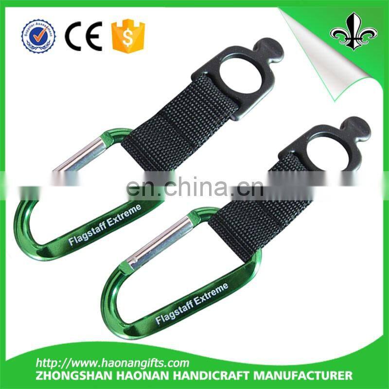 Factory custom cheap D-shaped aluminium carabiner keychain with short strap/carabiner strap